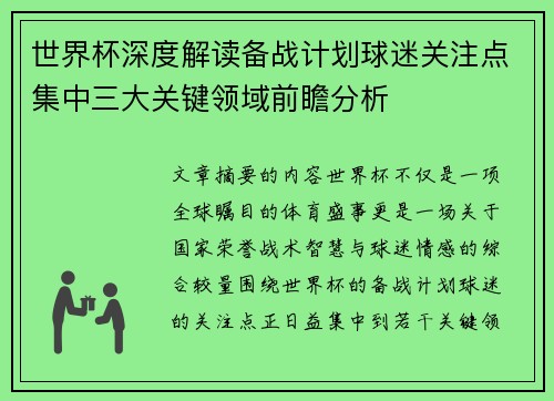 世界杯深度解读备战计划球迷关注点集中三大关键领域前瞻分析