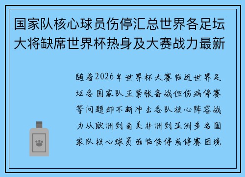 国家队核心球员伤停汇总世界各足坛大将缺席世界杯热身及大赛战力最新追踪